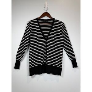 MessBebe Womens Small Black White Striped‎ V-Neck Button Front Cardigan Sweater